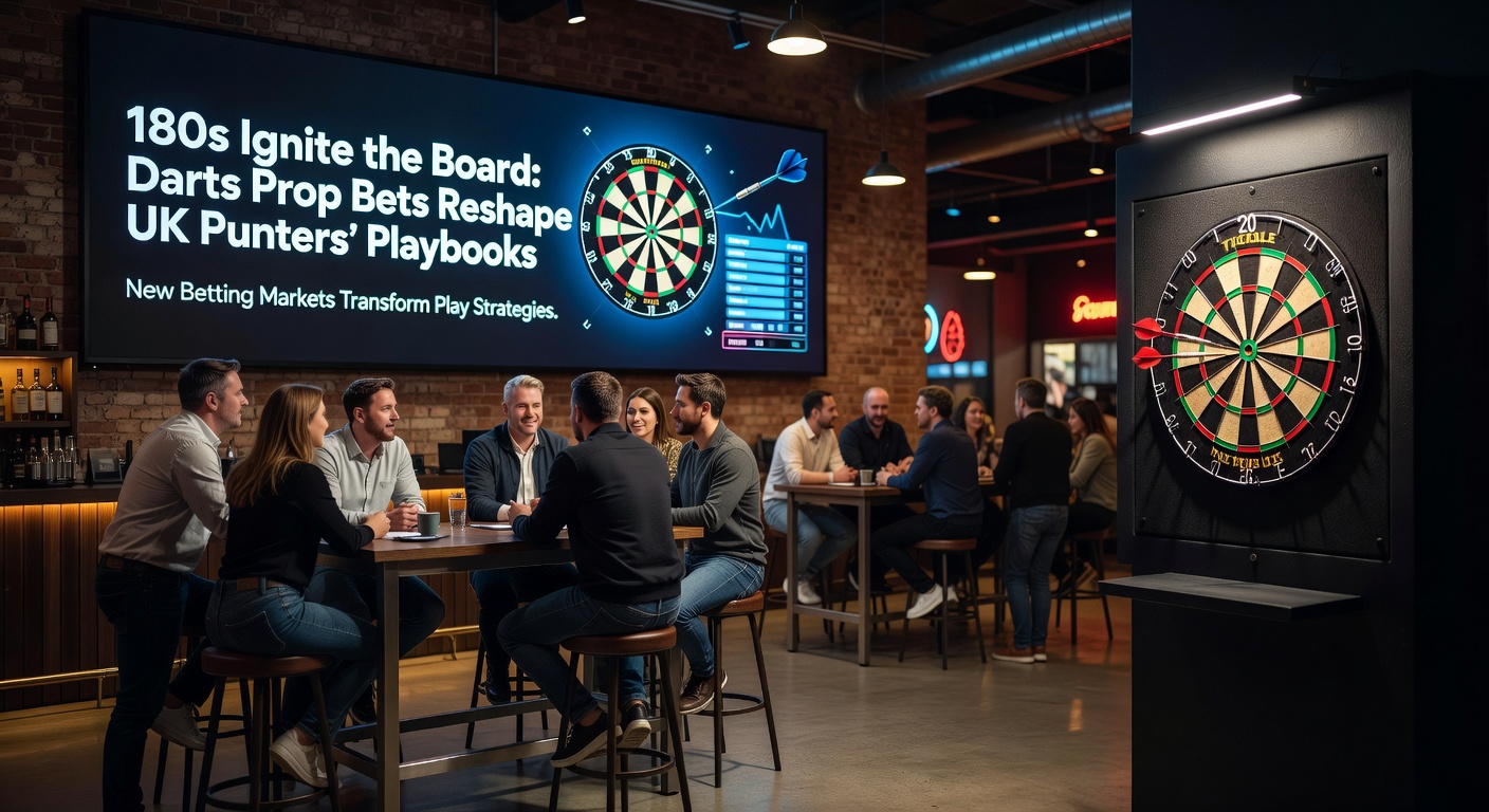 Close-up of darts board with three darts in triple-20, scoreboard showing 180, evoking prop bet intensity
