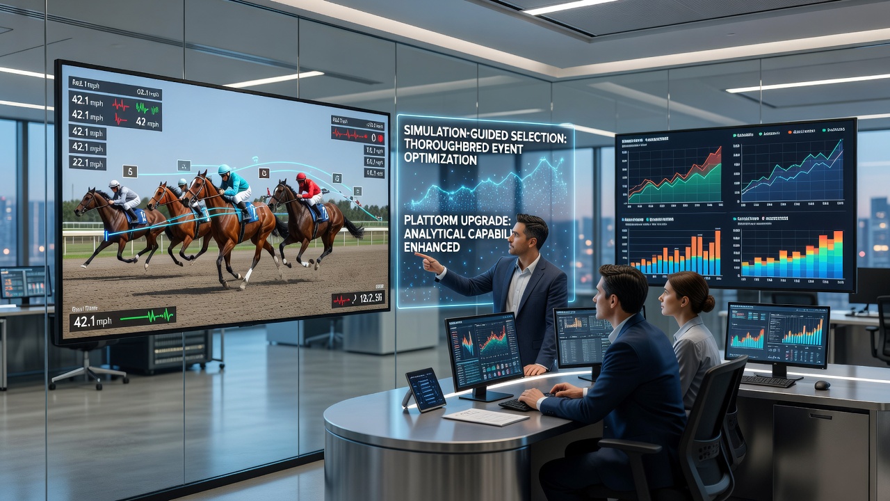 Advanced simulation interfaces displaying thoroughbred race data and predictive models on multiple screens
