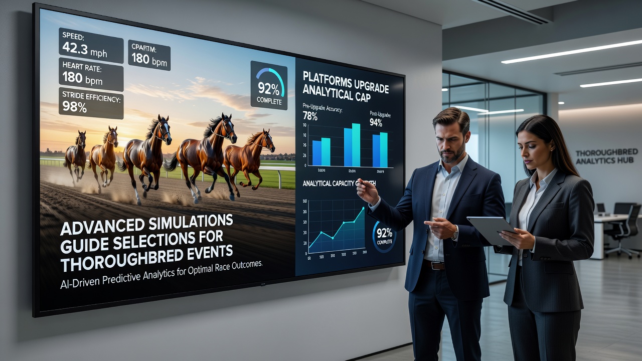 Thoroughbred racing analysts reviewing upgraded platform dashboards with real-time simulation results