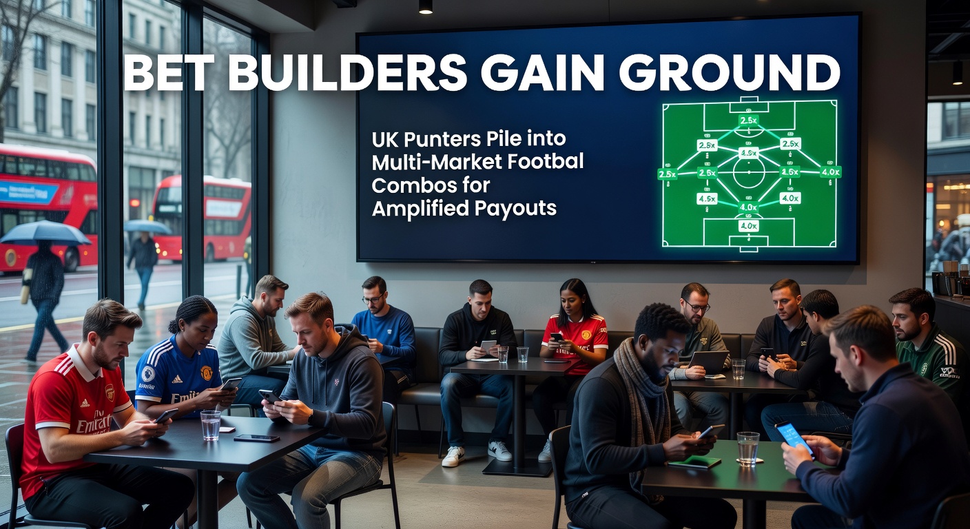 Vibrant digital display showing layered football bet builder options on a betting app, with combo picks like goals, cards, and corners highlighted for a Premier League match