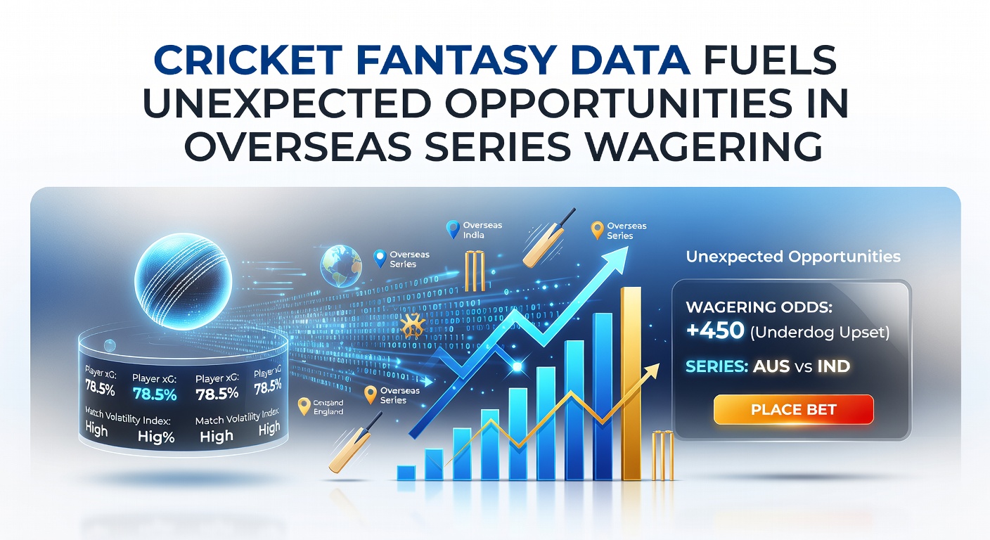 Cricket players in action during an overseas test series with fantasy data overlays on player statistics