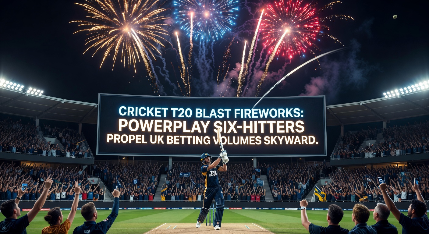 Chart showing T20 Blast betting volume spikes during powerplay overs, with peaks at six-hitting moments