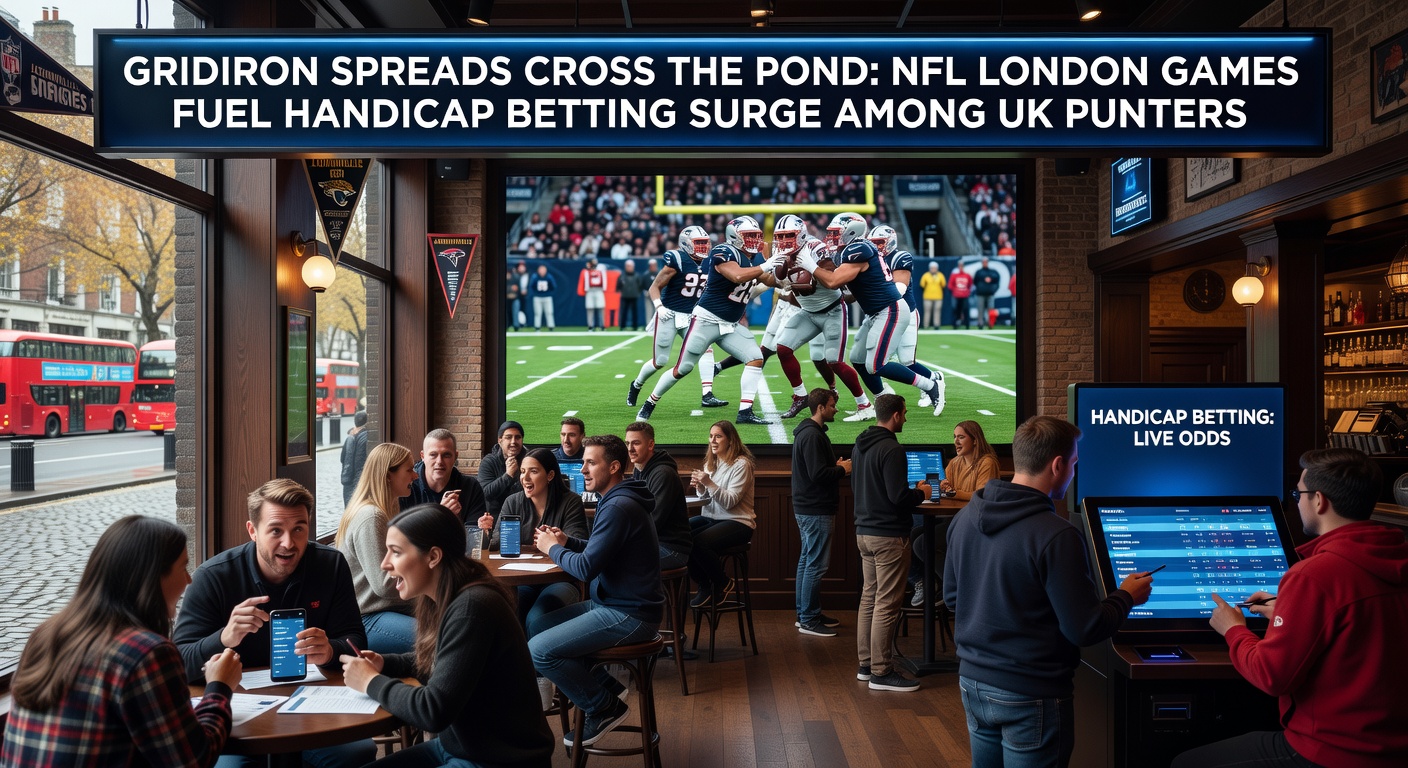 Vibrant NFL game at Wembley Stadium in London, with packed crowds waving team flags under bright floodlights