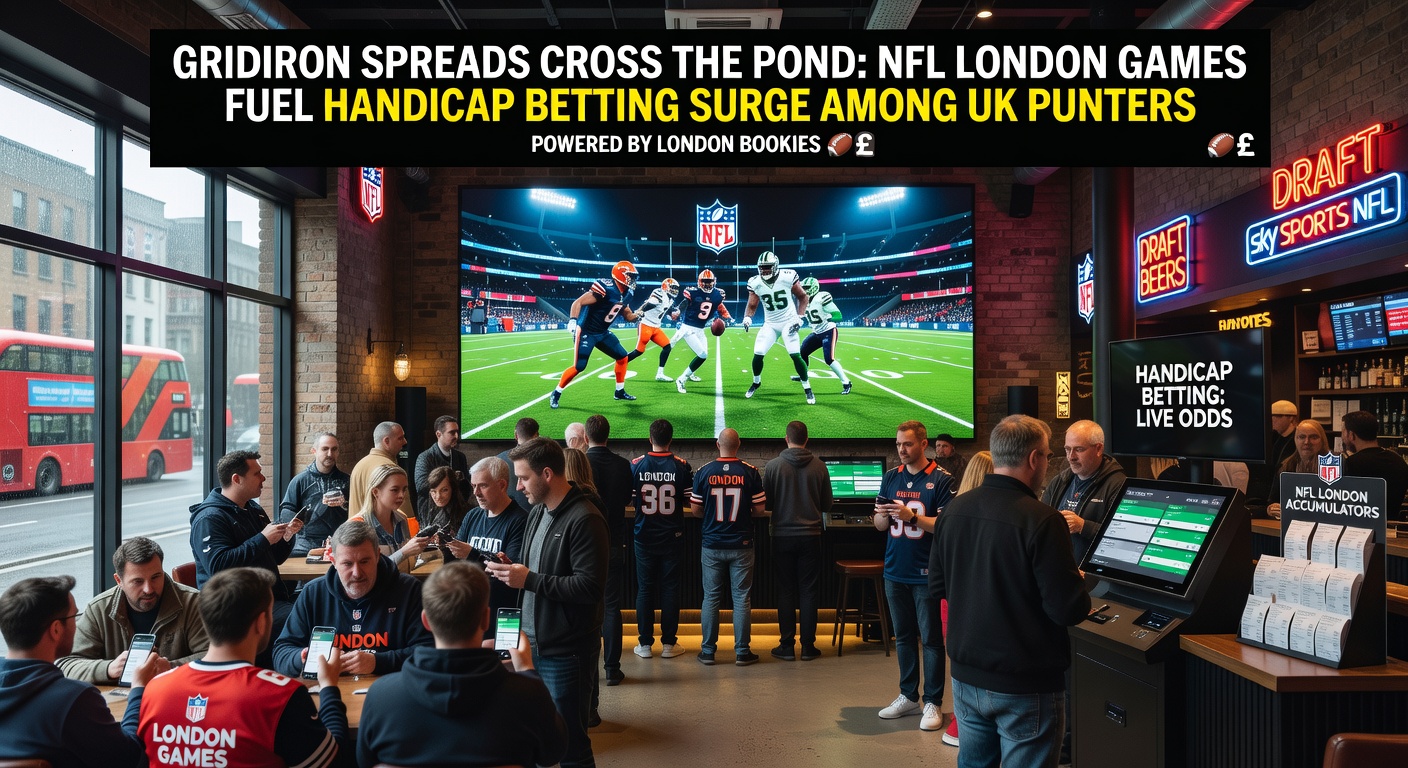 Close-up of UK bettors on mobile phones placing NFL spread bets during a London game, screens glowing with live odds