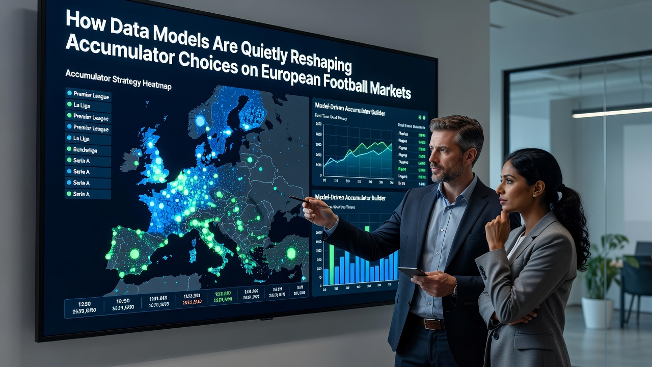 European football stadium with digital betting interface overlays highlighting accumulator data trends
