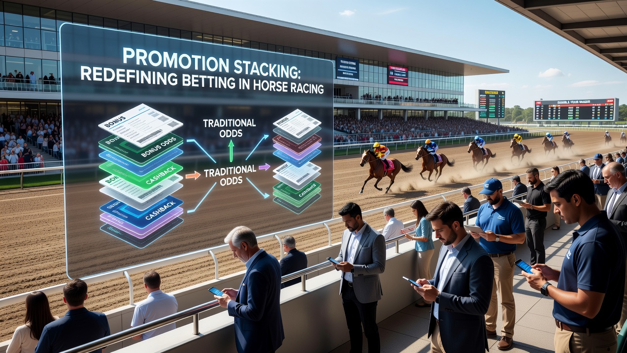 Horse racing bettors reviewing multiple promotions on mobile devices at a trackside event
