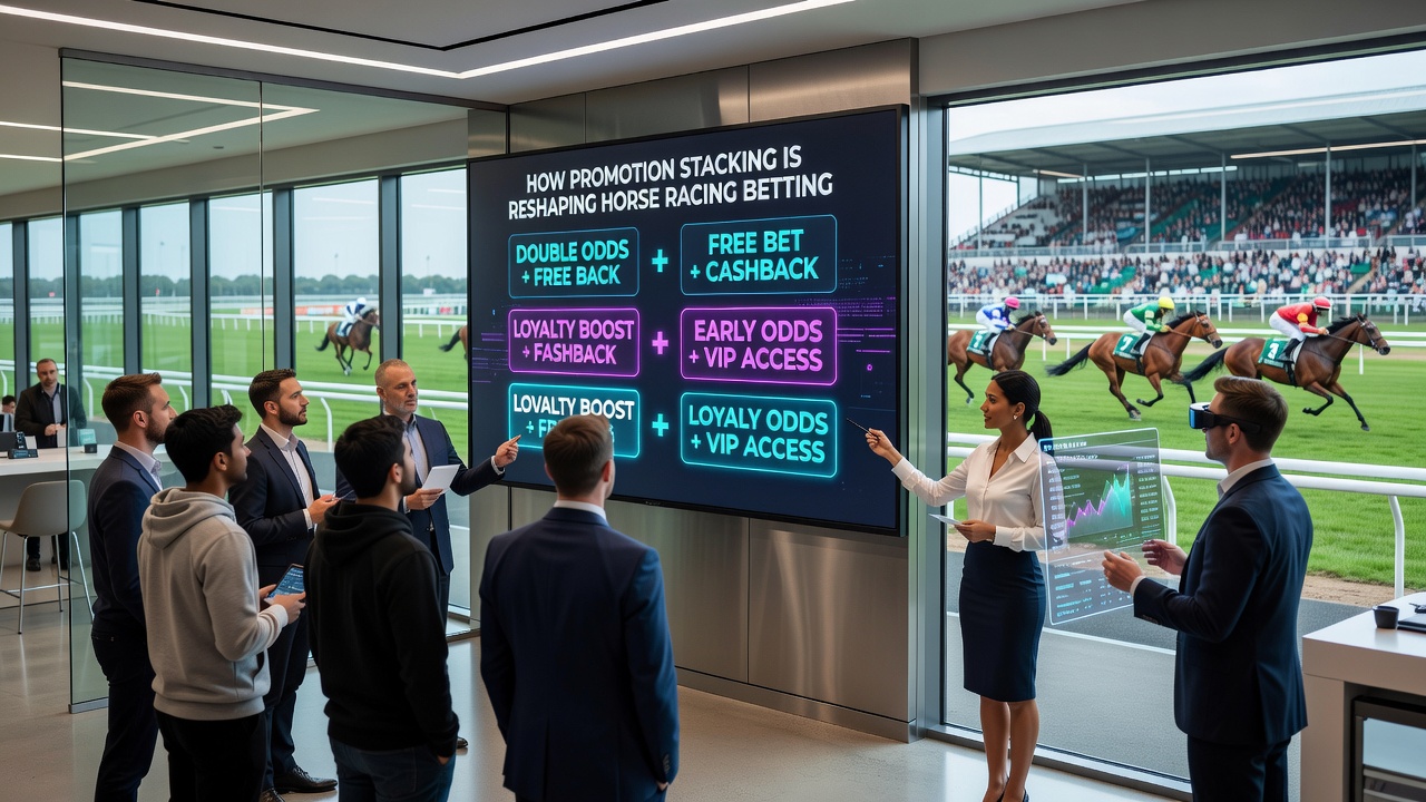 Digital interface displaying stacked horse racing promotions with accumulator and cashback options active