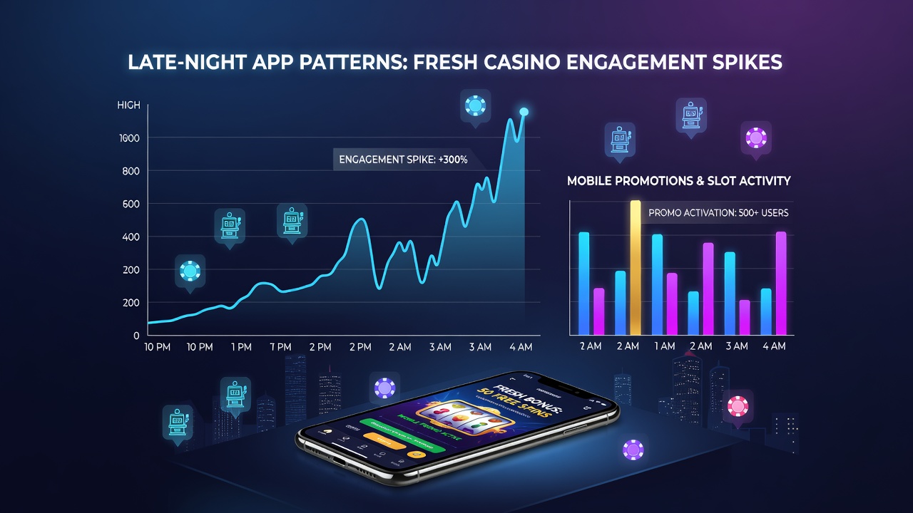 Analytics dashboard displaying late-night casino engagement metrics and slot theme performance graphs