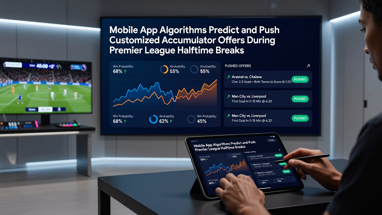 Mobile app interface showing customized accumulator offers during a Premier League match halftime break