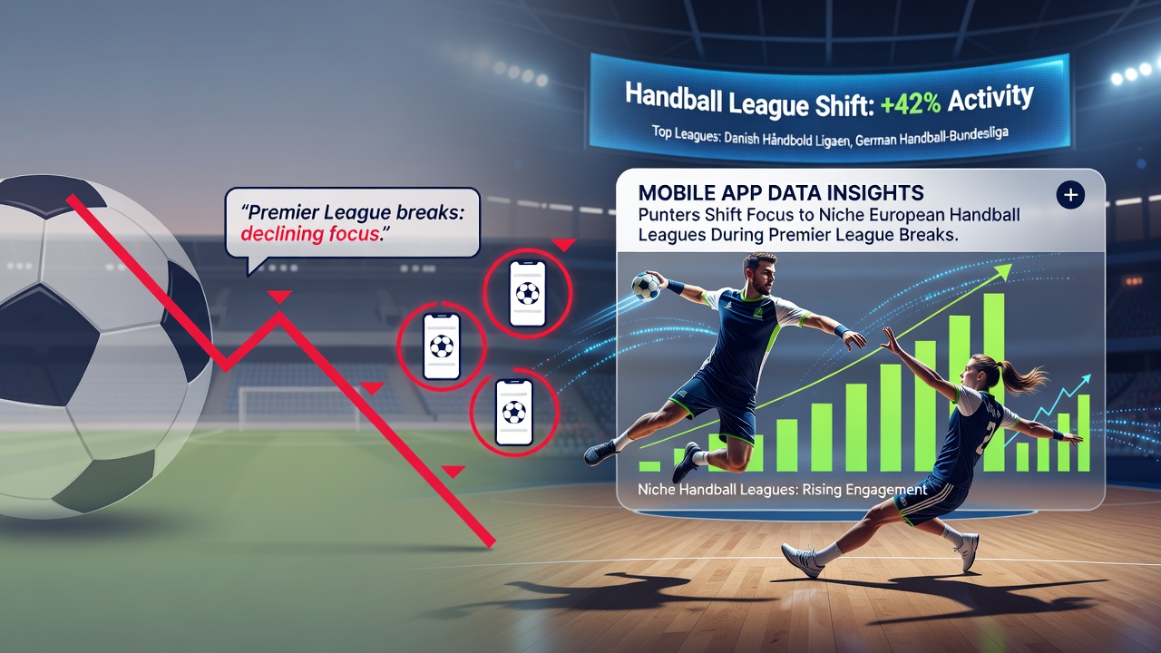 Mobile app analytics dashboard displaying rising wager volumes on European handball matches amid Premier League pauses