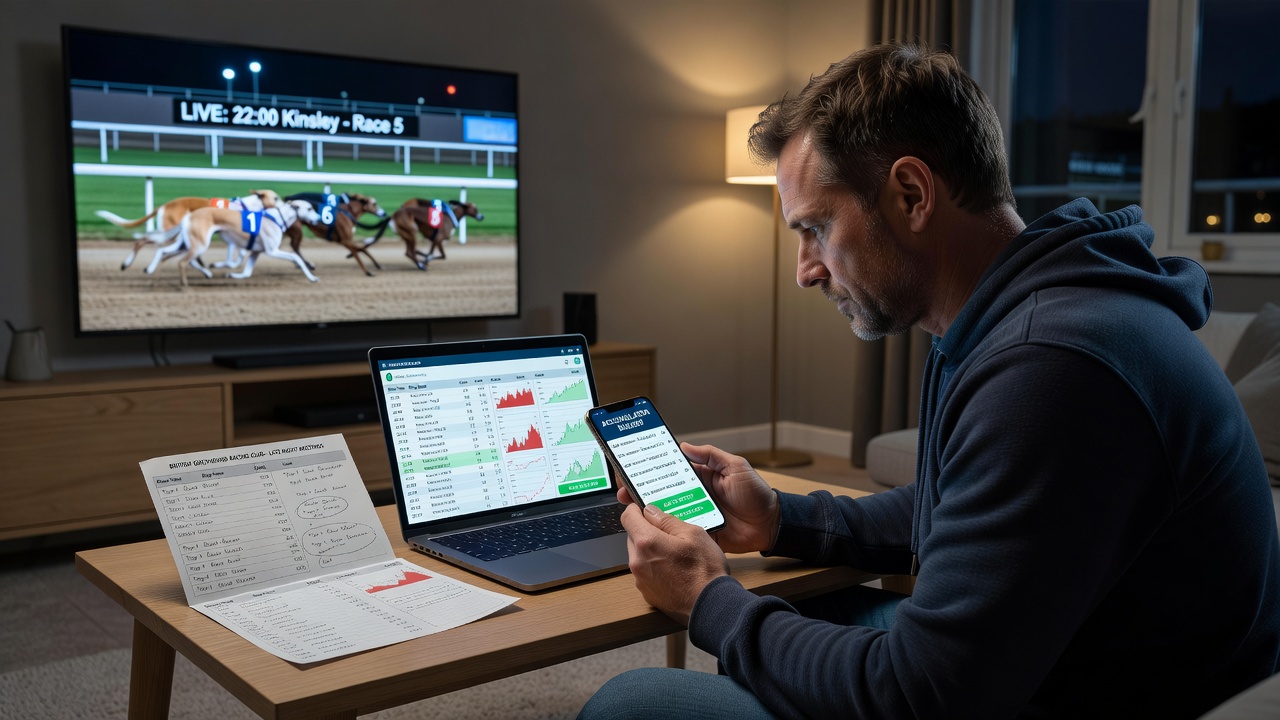 Mobile app interface showing greyhound accumulator bets on a smartphone screen at night