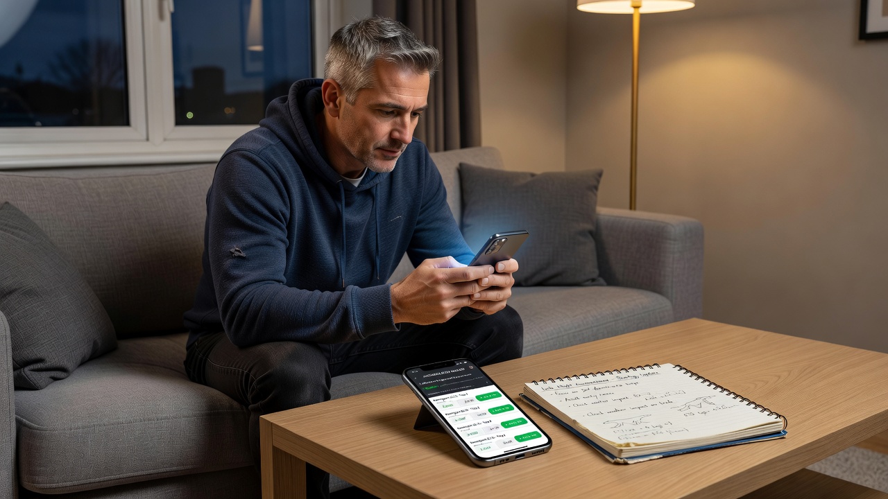 Late-night scene with a person using a mobile phone to place greyhound bets on an app