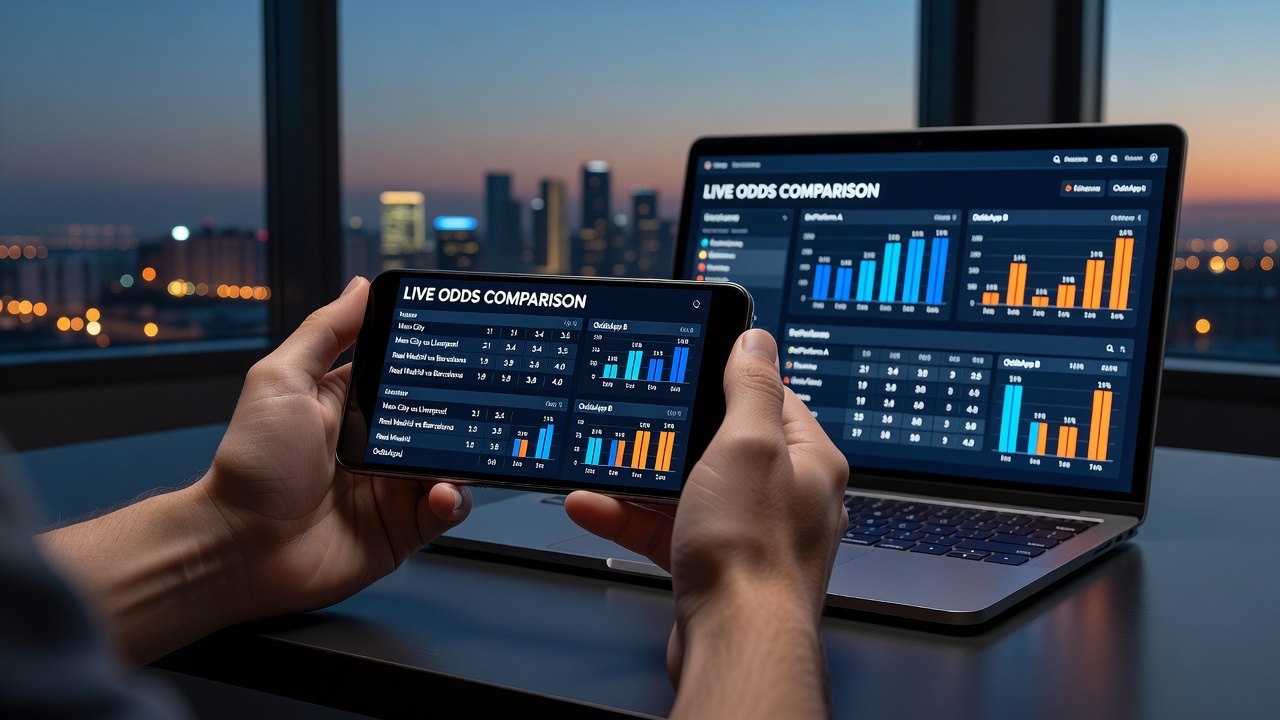 Mobile app interface displaying live football odds from multiple betting platforms side by side during an evening match