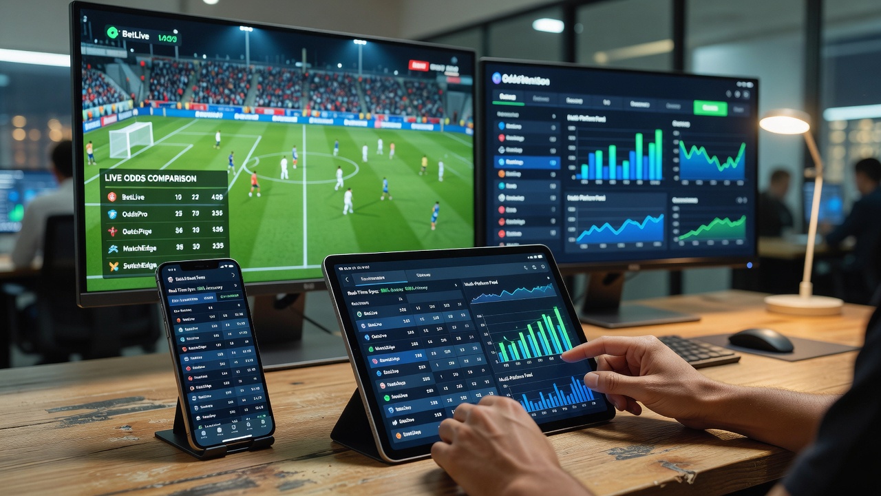 User comparing live football betting odds on a smartphone during an evening Premier League match