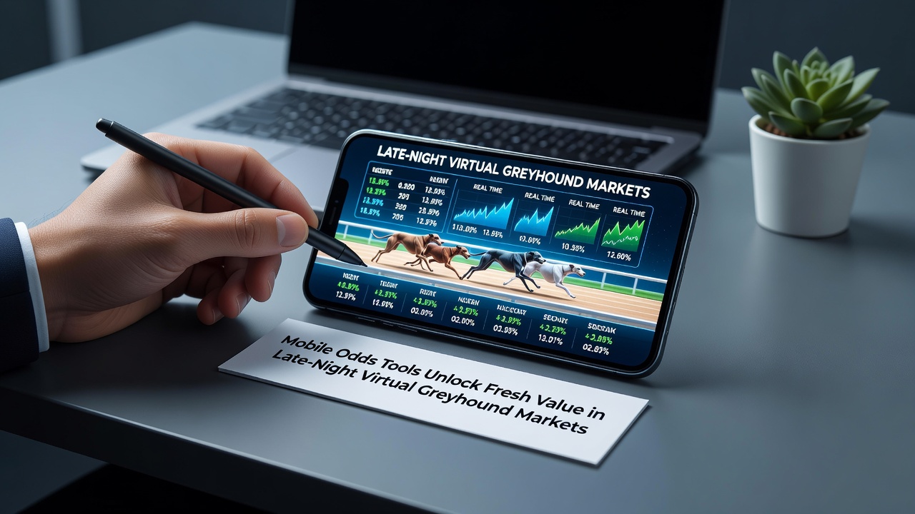 Close-up of smartphone screen showing virtual greyhound betting interface with updated odds