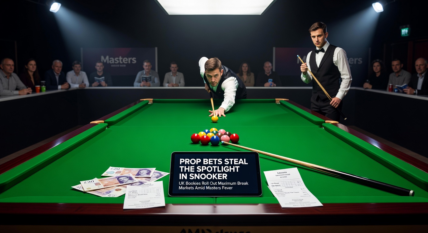 A dramatic snooker maximum break in progress at the Masters, cue ball poised over the final black
