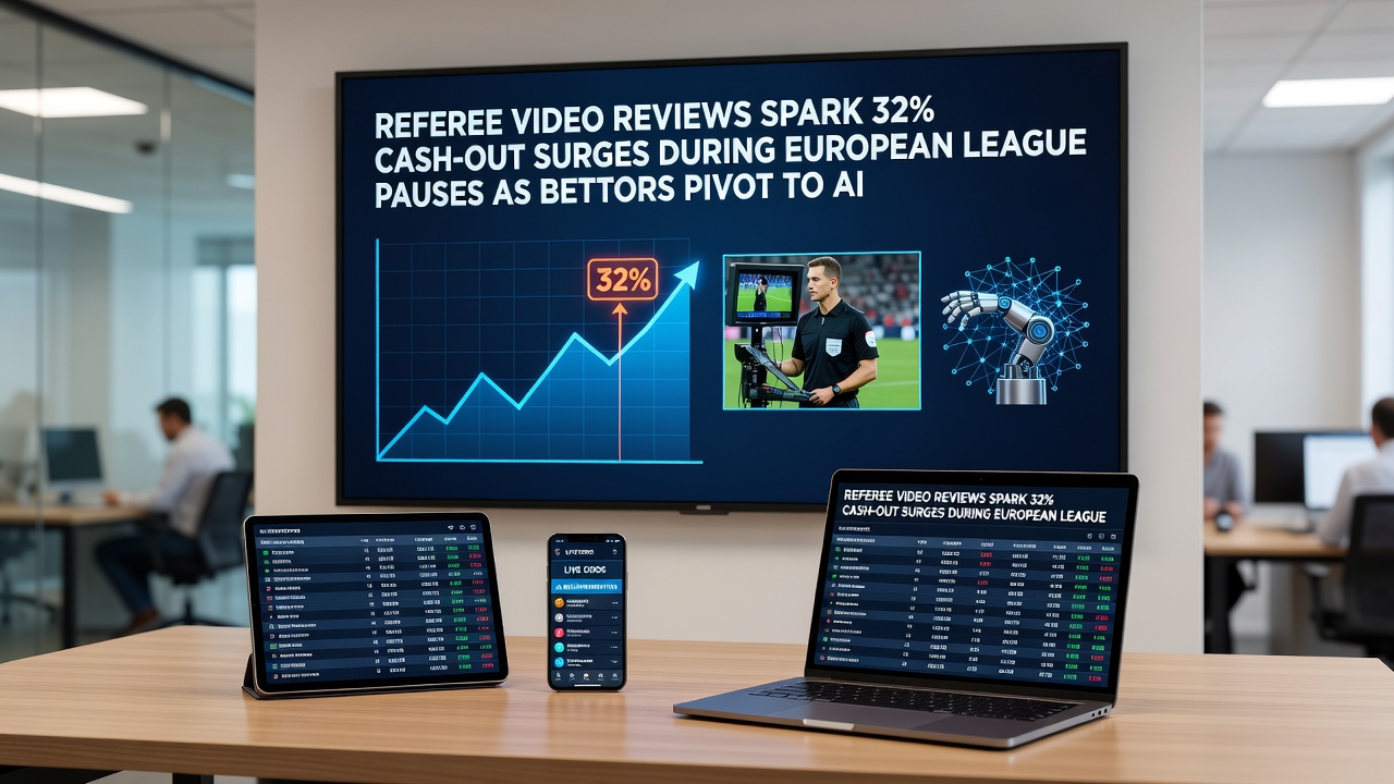 Split screen showing football VAR review alongside betting app interfaces with cash-out options highlighted