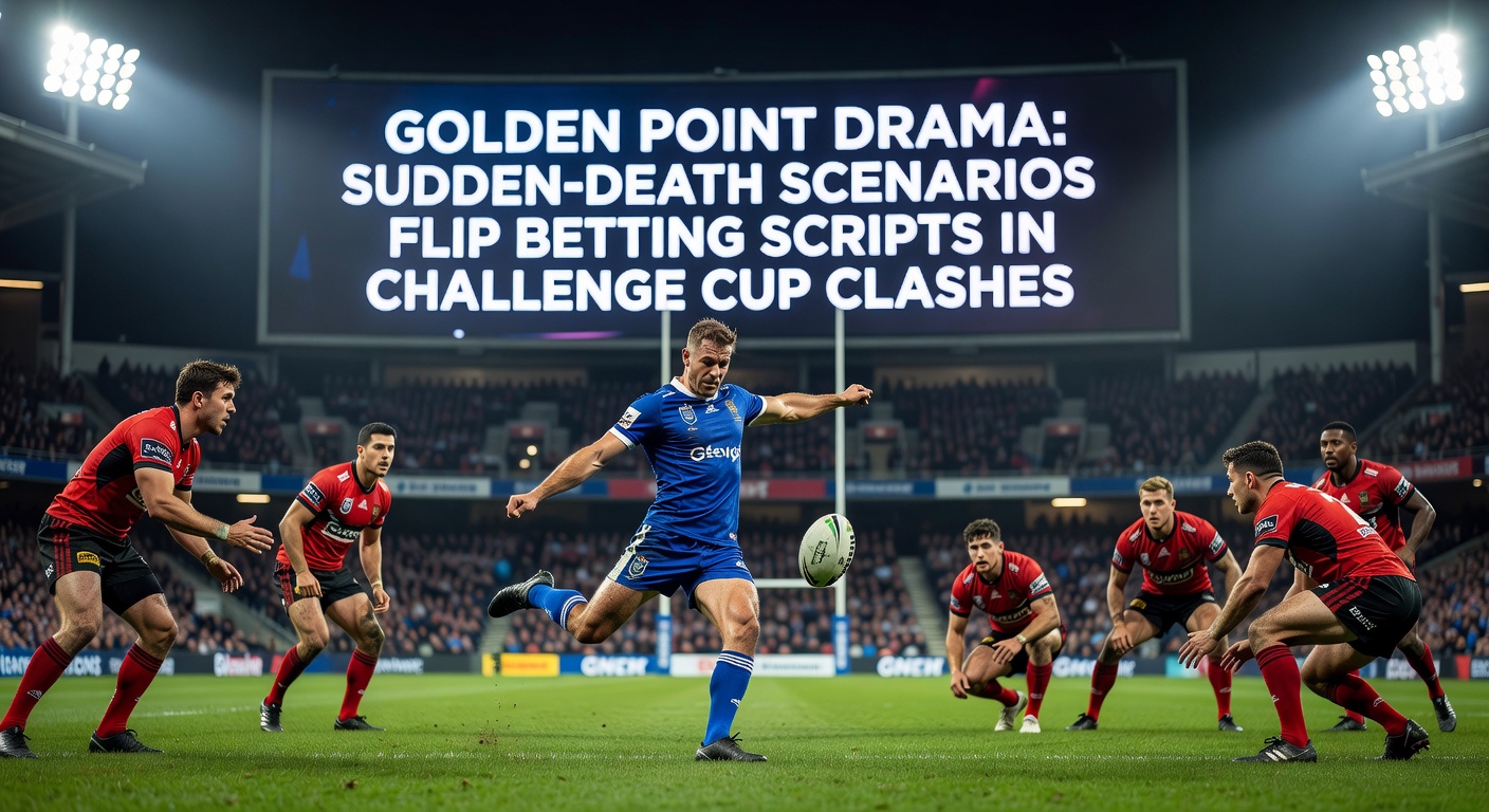 Rugby League players clash intensely during a golden point overtime drop goal attempt in a packed Challenge Cup stadium