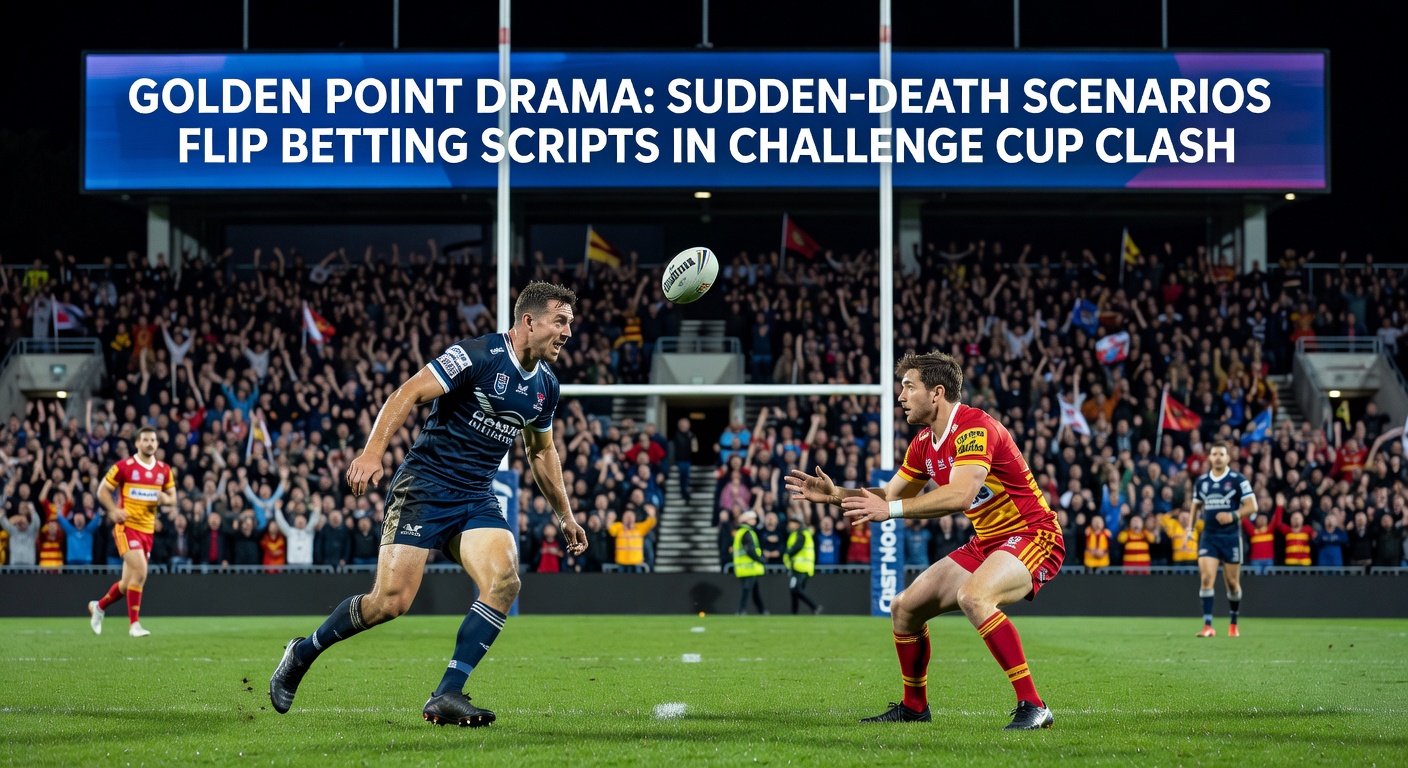 Close-up of a Rugby League drop goal sailing between the posts in golden point overtime during a tense Challenge Cup semifinal