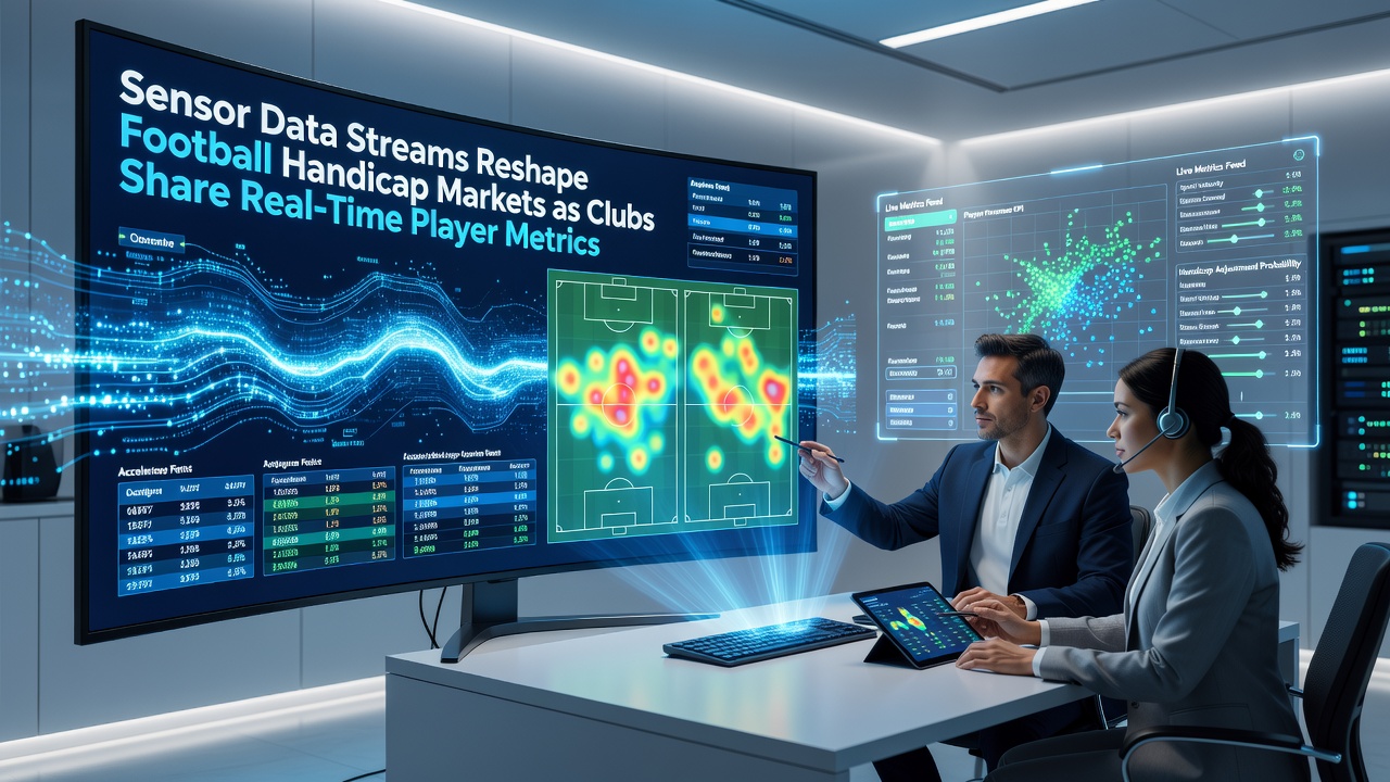 Football players wearing sensor vests during a match with real-time data overlays