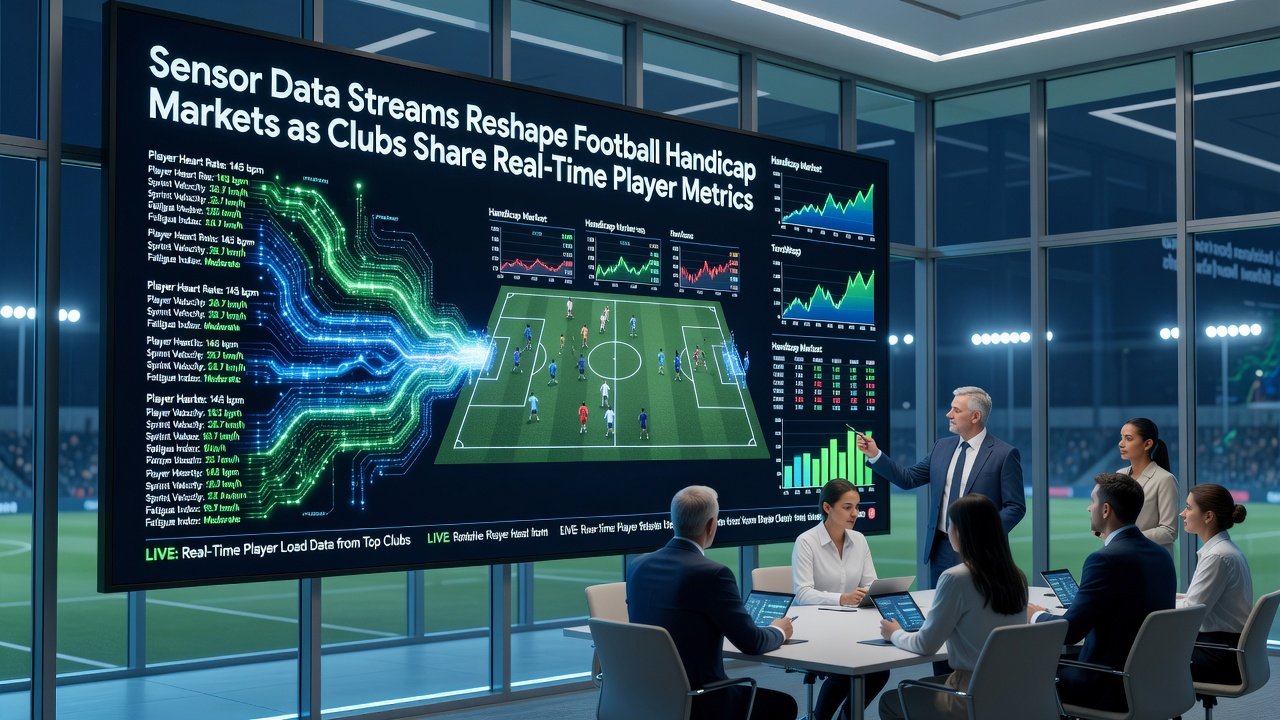 Analysts reviewing live sensor dashboards during a football broadcast
