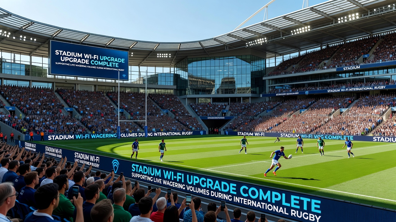 Fans accessing mobile betting platforms inside a rugby stadium with upgraded wireless coverage