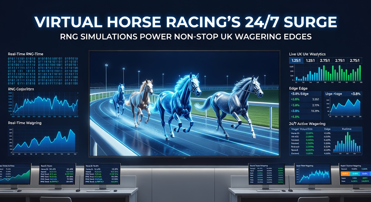 Dynamic screenshot of a virtual horse race in progress, with colorful animated horses sprinting on a digital track under stadium lights