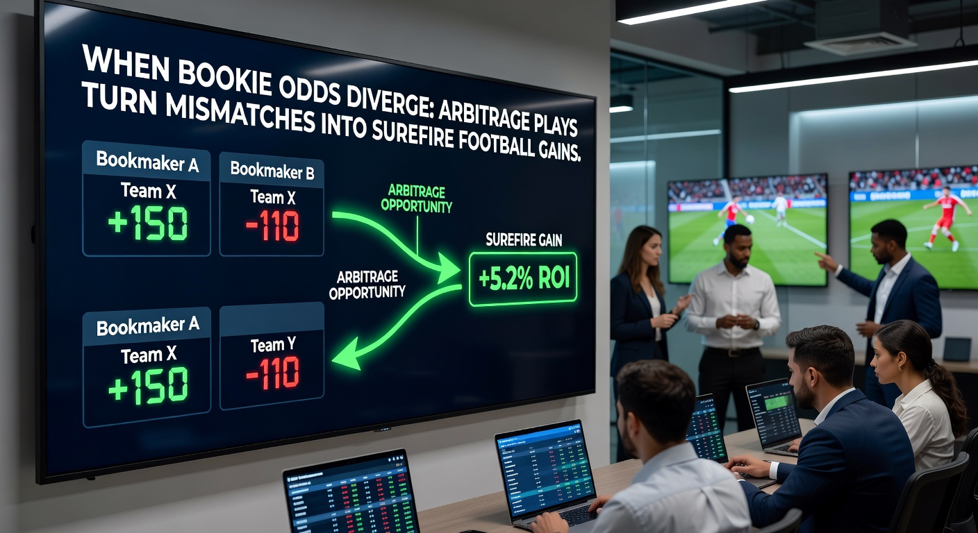 Digital dashboard displaying divergent bookmaker odds for a Premier League match, highlighting arbitrage opportunity with green profit indicators